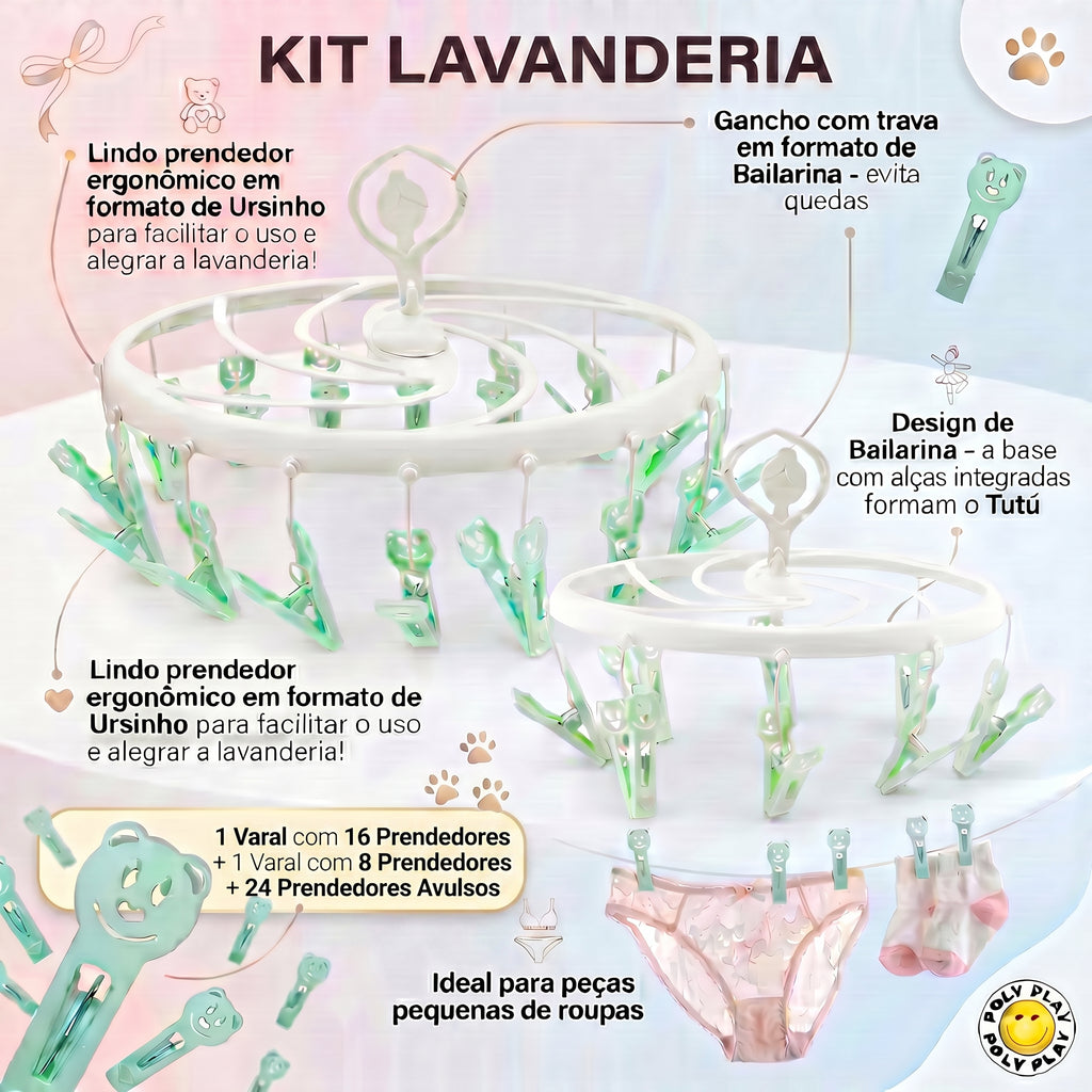 Kit Lavanderia Happy Poly Play - Completo com Varal Bailarina, Espiral e 24 Prendedores Happy
