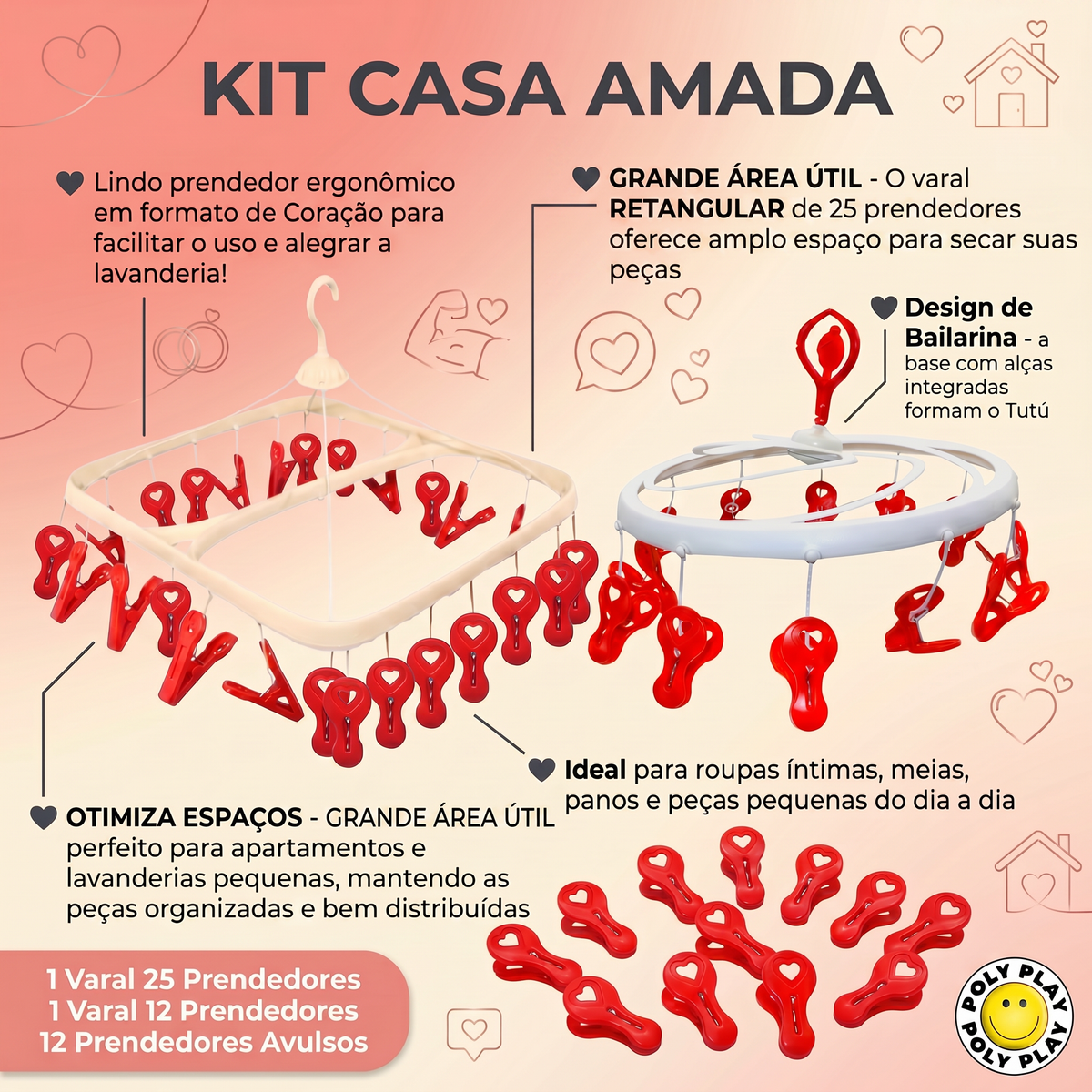 Kit Casa Amada Love Poly Play - Varal Retangular + Varal Bailarina + Prendedores Love