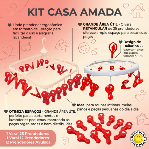 Kit Casa Amada Love Poly Play - Varal Retangular + Varal Bailarina + Prendedores Love