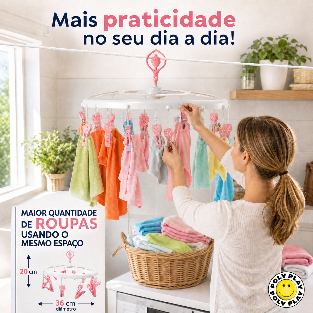 Varal Bailarina Poly Play 12 Prendedores Happy - Grande Área, Lavanderia Feliz