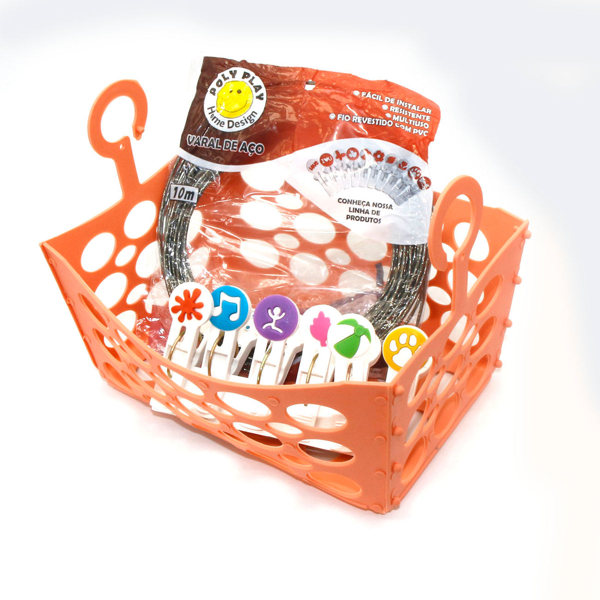 Kit Varal Poly Play - Corda 10m + 6 Prendedores PrendMania + 1 Cesto sem queda - Poly Play