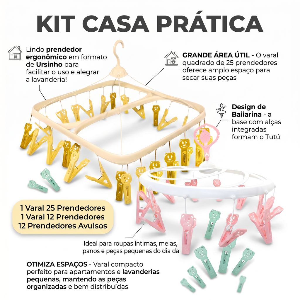 Kit Casa Prática Happy Poly Play - Varal Retangular + Bailarina + 12 Prendedores do Ursinho
