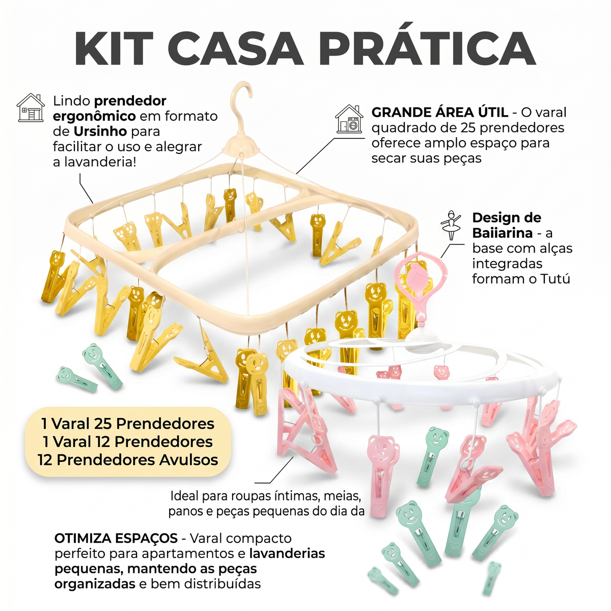 Kit Casa Prática Happy Poly Play - Varal Retangular + Bailarina + 12 Prendedores do Ursinho