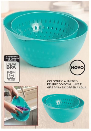 Escorredor Giratório + Bowl Poly Play - Lava, Escorre e Serve
